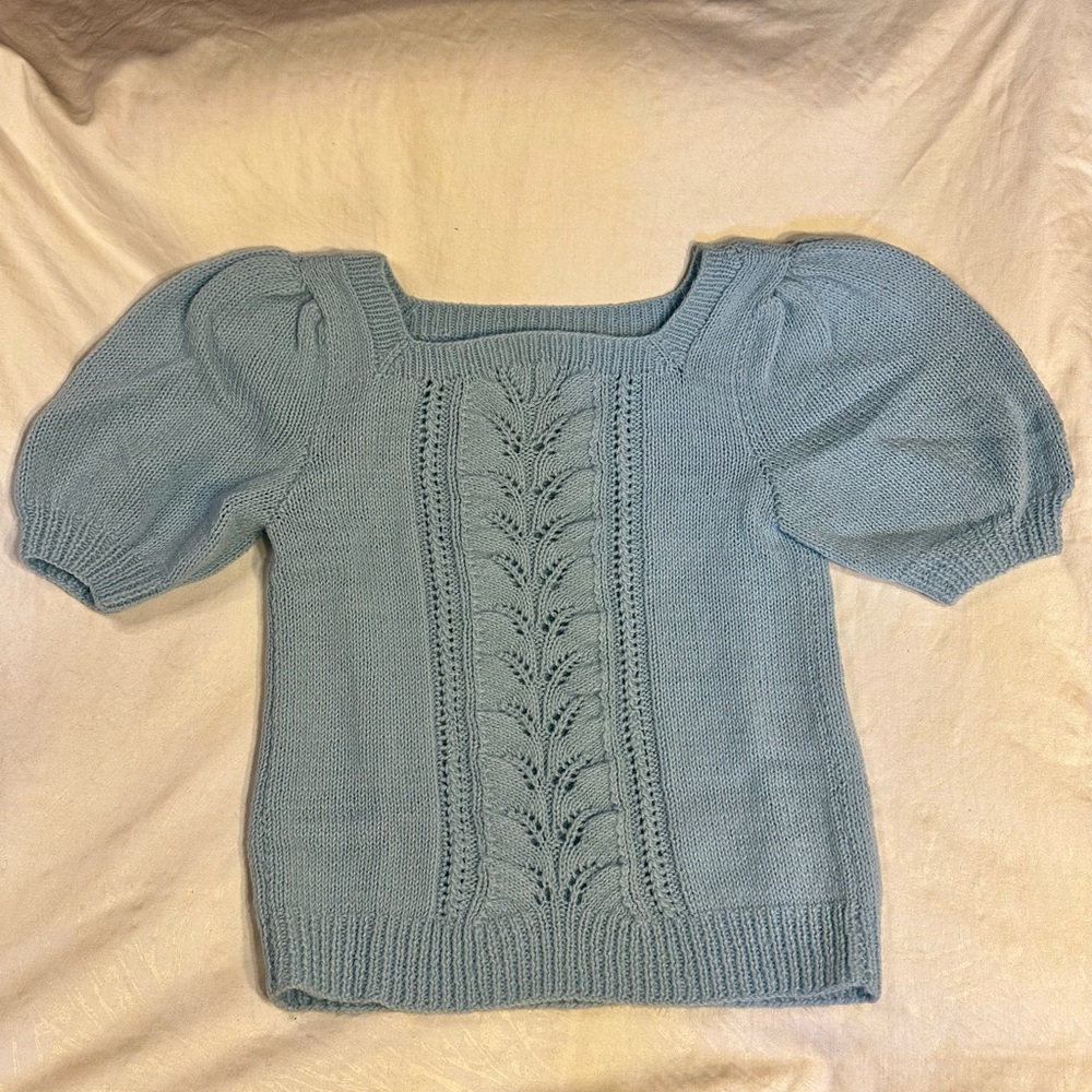 Blue Square Neck Sweater with Puff Sleeves and Cable Knit
